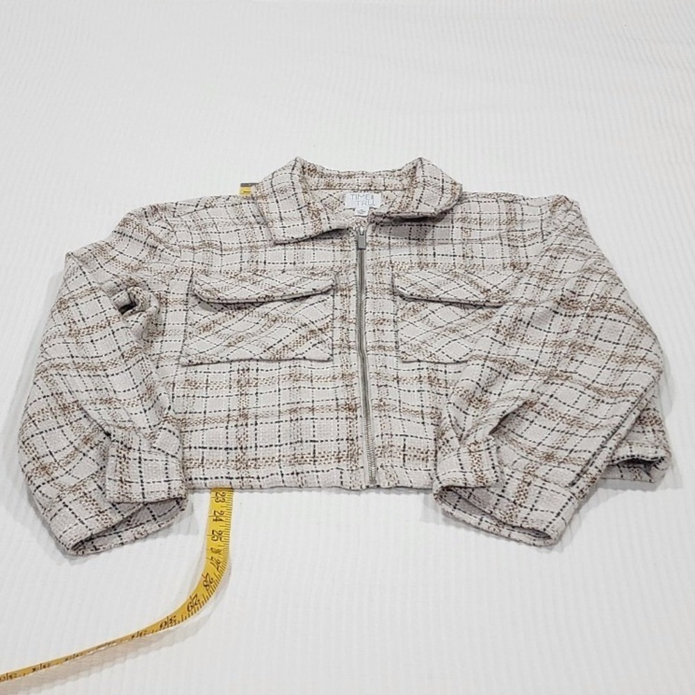 Time and Tru Womens Plaid Utility Jacket Cropped Zip Up Tweed Neutral Autumn‎ M